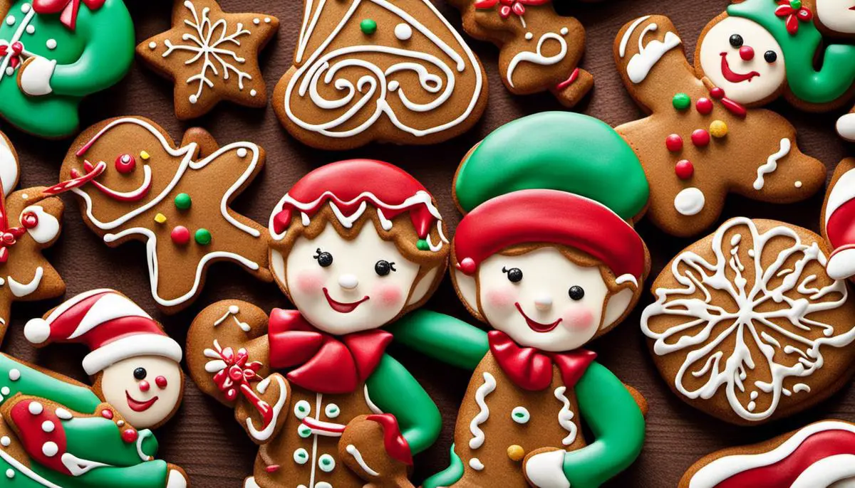 An image featuring the Gingerbread Jester, a mischievous elf with a quirky sense of humor, surrounded by freshly baked gingerbread cookies.