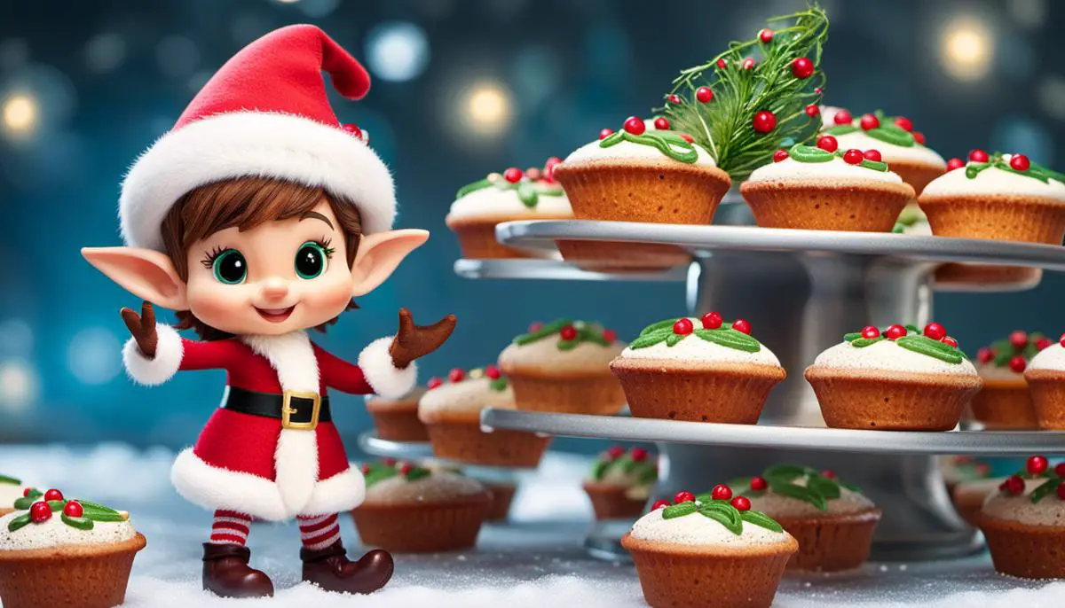 Mistletoe Muffin, the lovable baker elf, holding a tray of freshly baked muffins