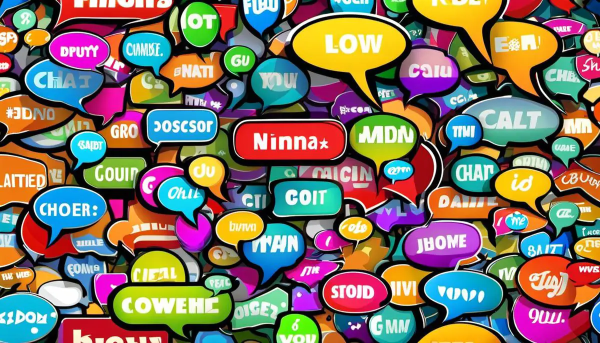 A colorful image with different speech bubbles representing group chat names.