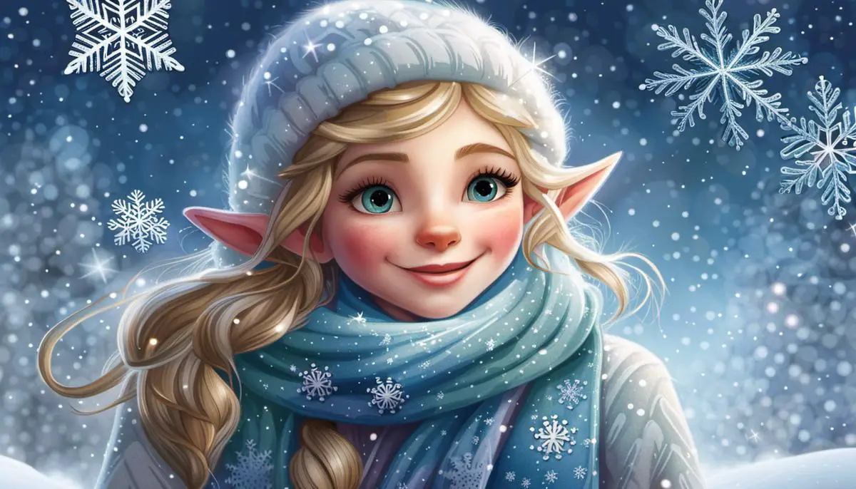 Illustration of Snowflake Snuggles, a jolly winter elf with a warm smile and a cozy scarf, surrounded by snowflakes