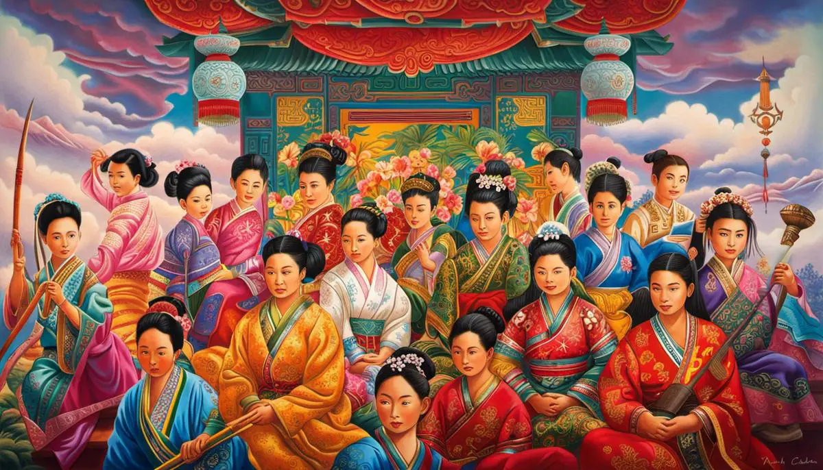 A colorful painting depicting the cultural diversity and symbolism of Asian names.
